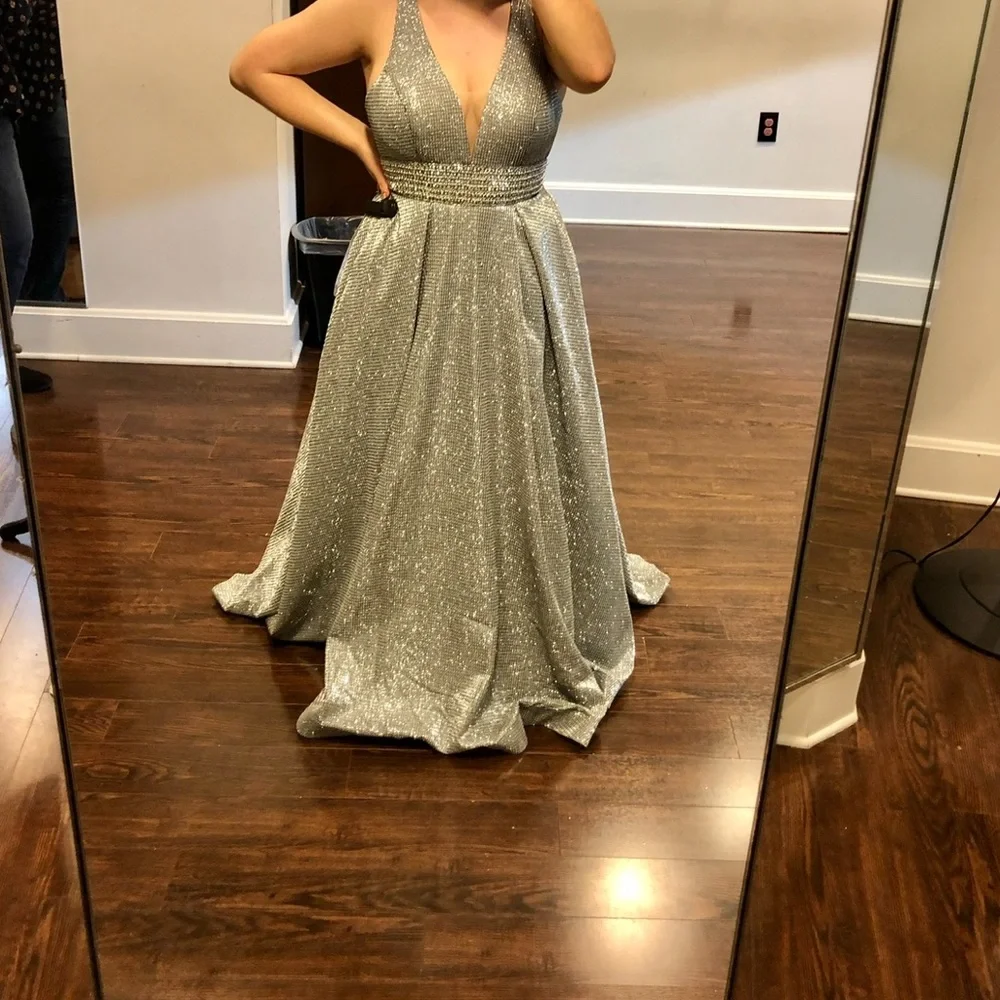 Camille La Vie Sparkling Silver Prom Dress - Picture 1 of 2